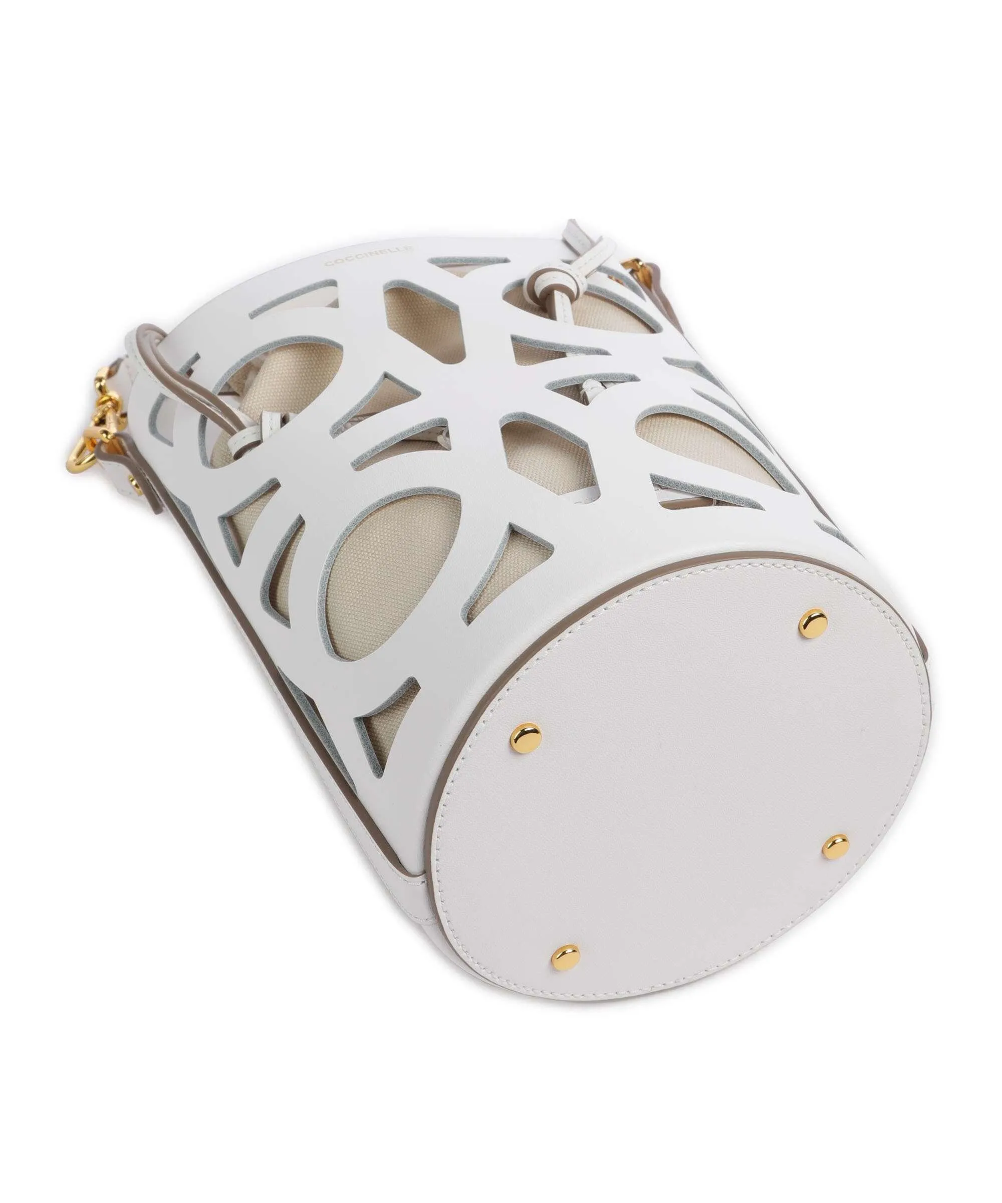  Coccinelle Monogram Slice Borsa a secchiello pelle di vacchetta liscia bianco  