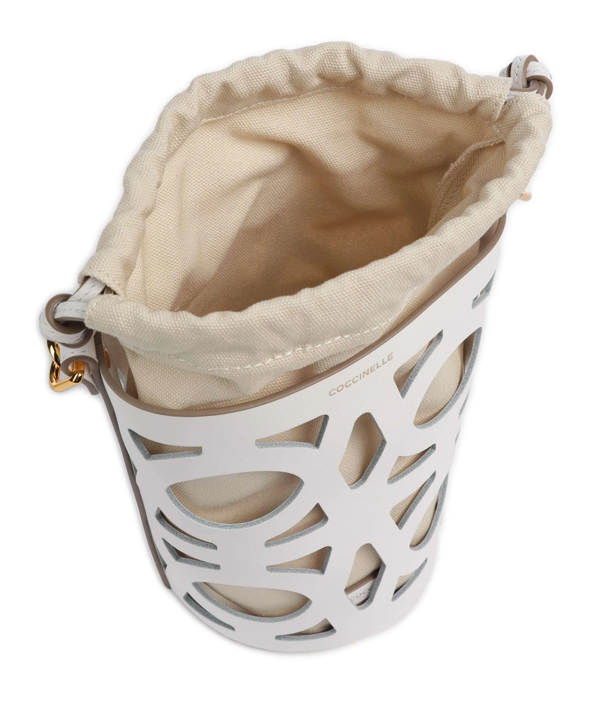  Coccinelle Monogram Slice Borsa a secchiello pelle di vacchetta liscia bianco  