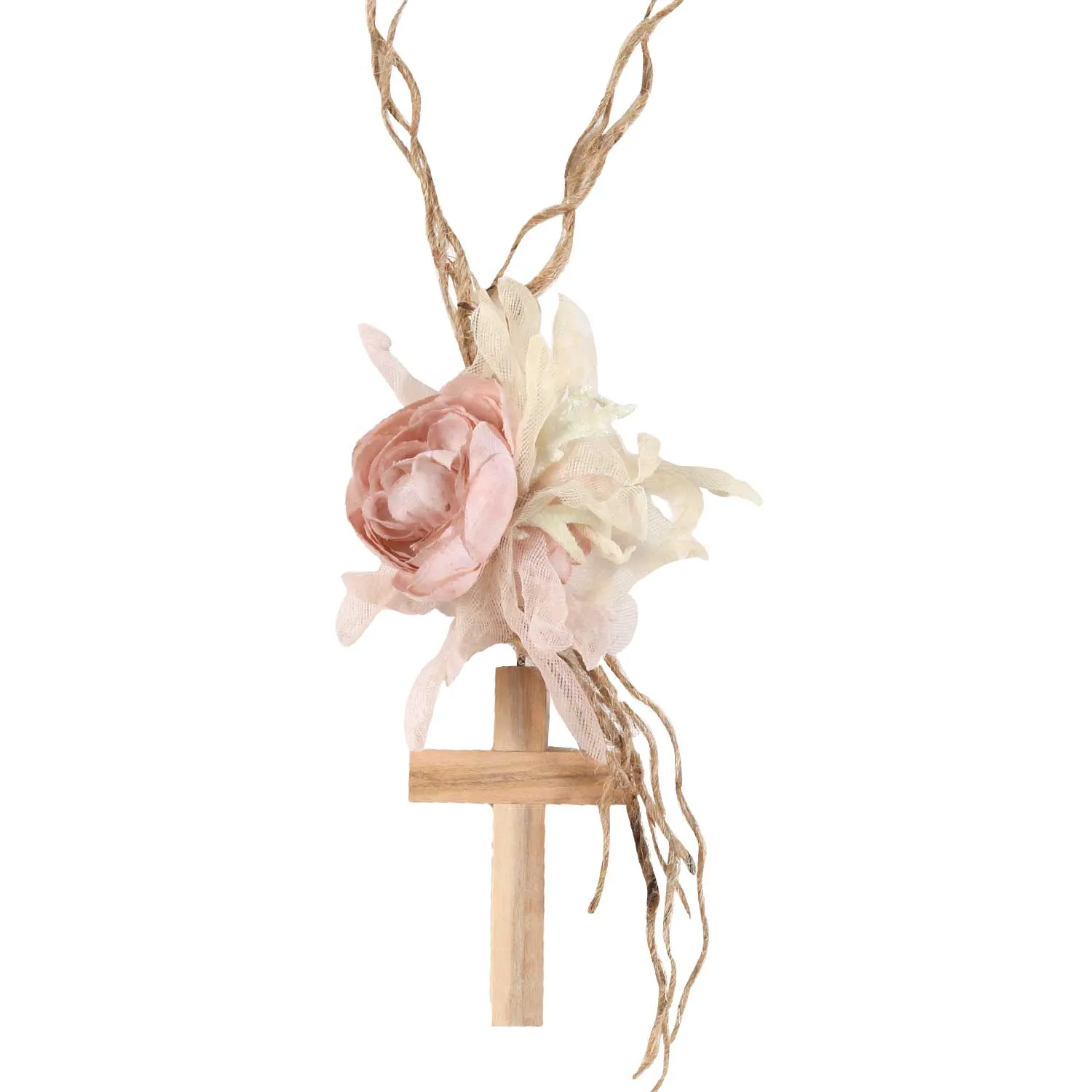 Collana Di Juta Con Fiori Rosa E Croce Di Legno