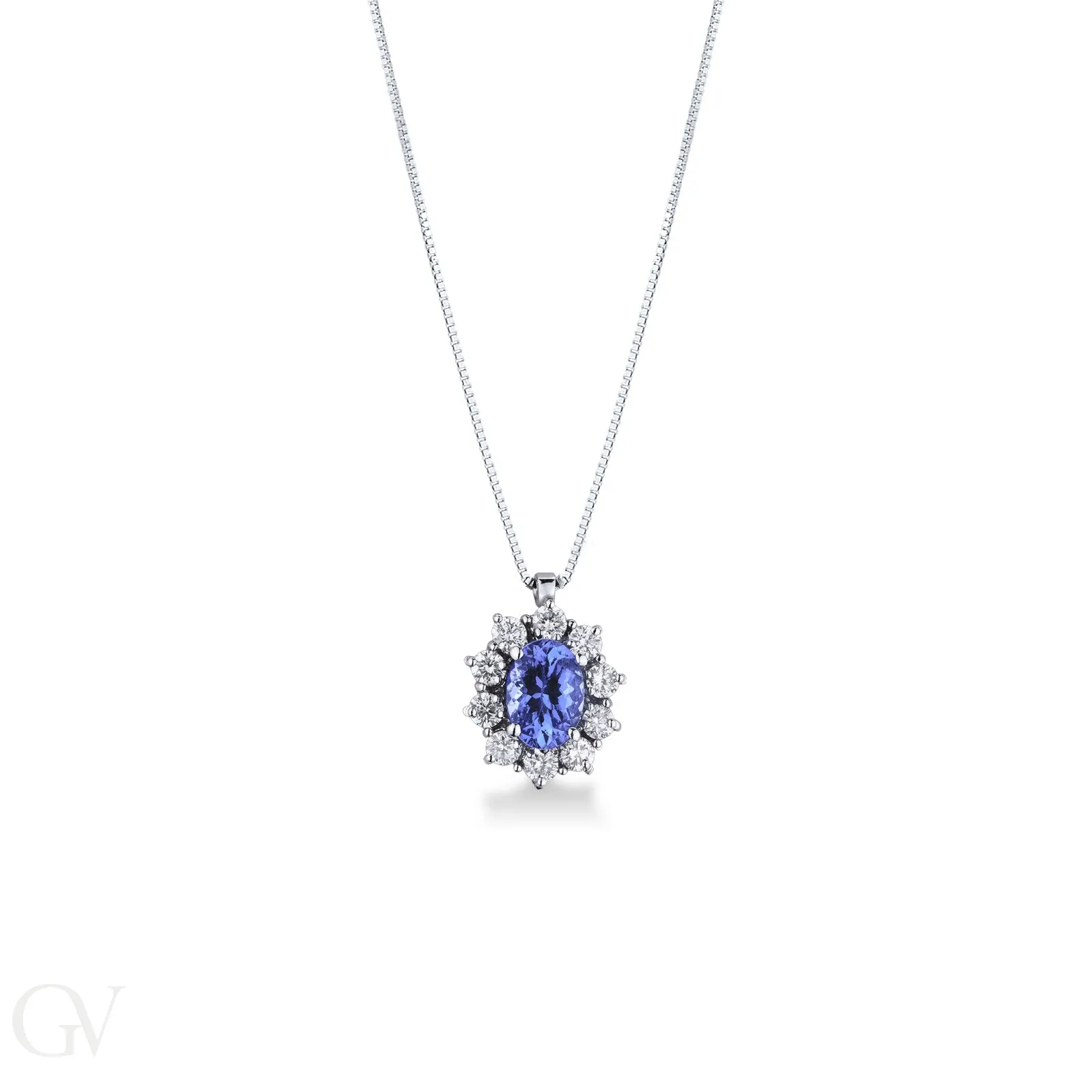 Collana in oro bianco 18k e pendente con tanzanite ovale e diamanti