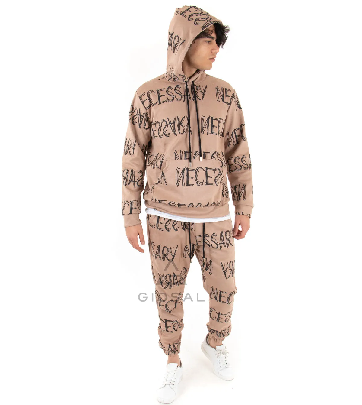 Completo Tuta Uomo Camoscio Relaxed Fit Felpa Con Cappuccio Pantaloni Camel GIOSAL-OU1769A