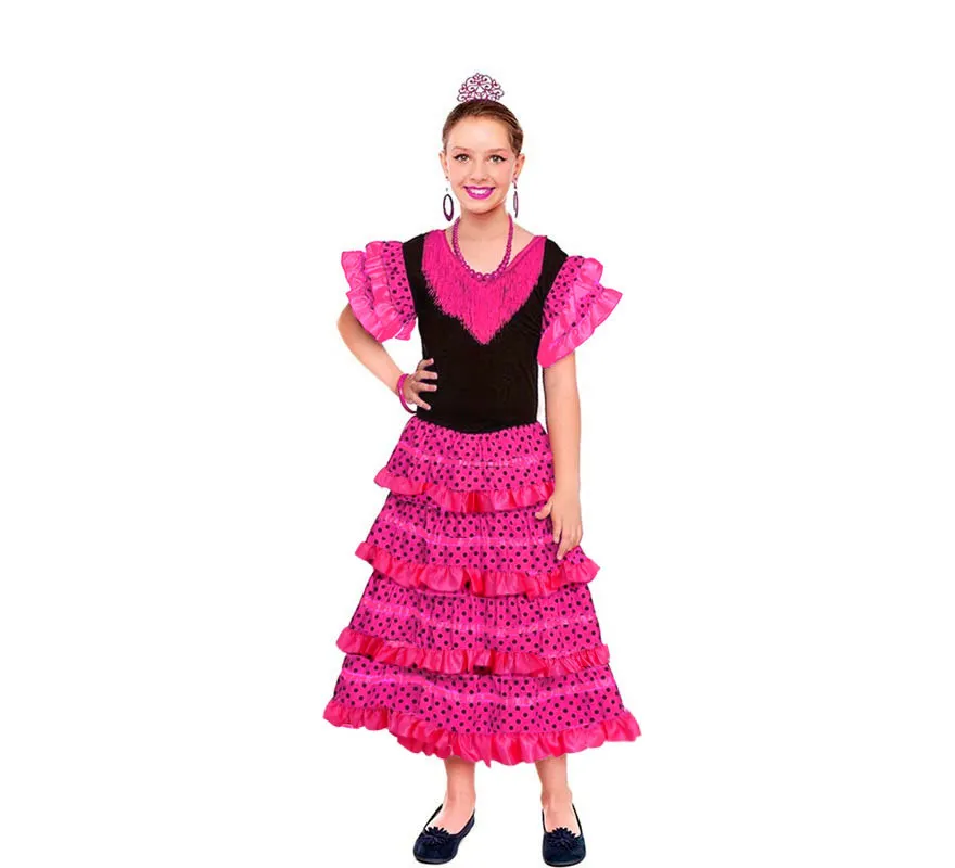 Costume classico da Sevillana fucsia con pois neri per bambina