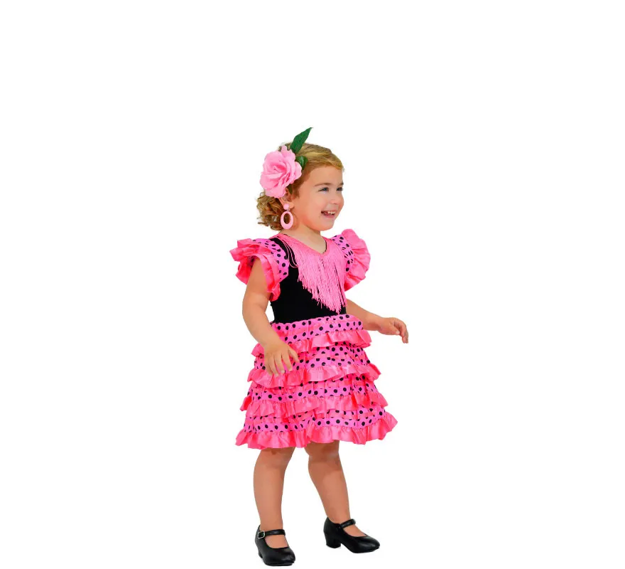 Costume classico da Sevillana fucsia con pois neri per bambina