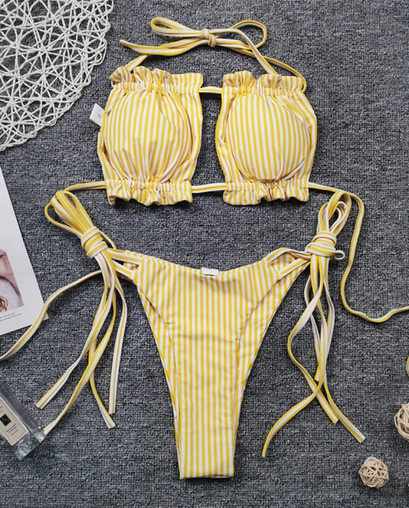 Costume da bagno bikini a fascia da donna a righe gialle con pieghe a pieghe Costume da bagno bikini da spiaggia femminile Costu