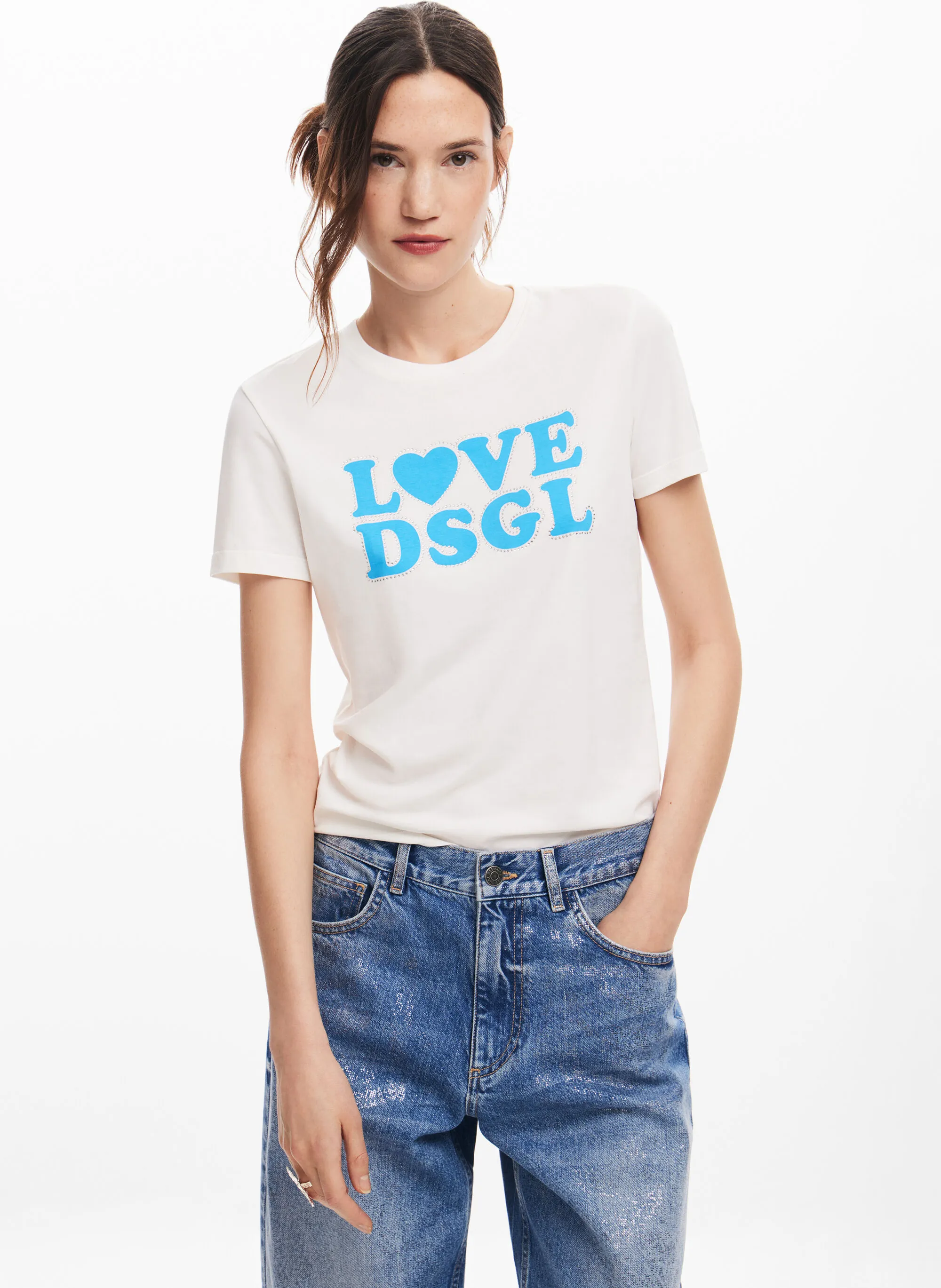  DESIGUAL   Maglietta girocollo dritta in cotone misto serigrafata | Bianco