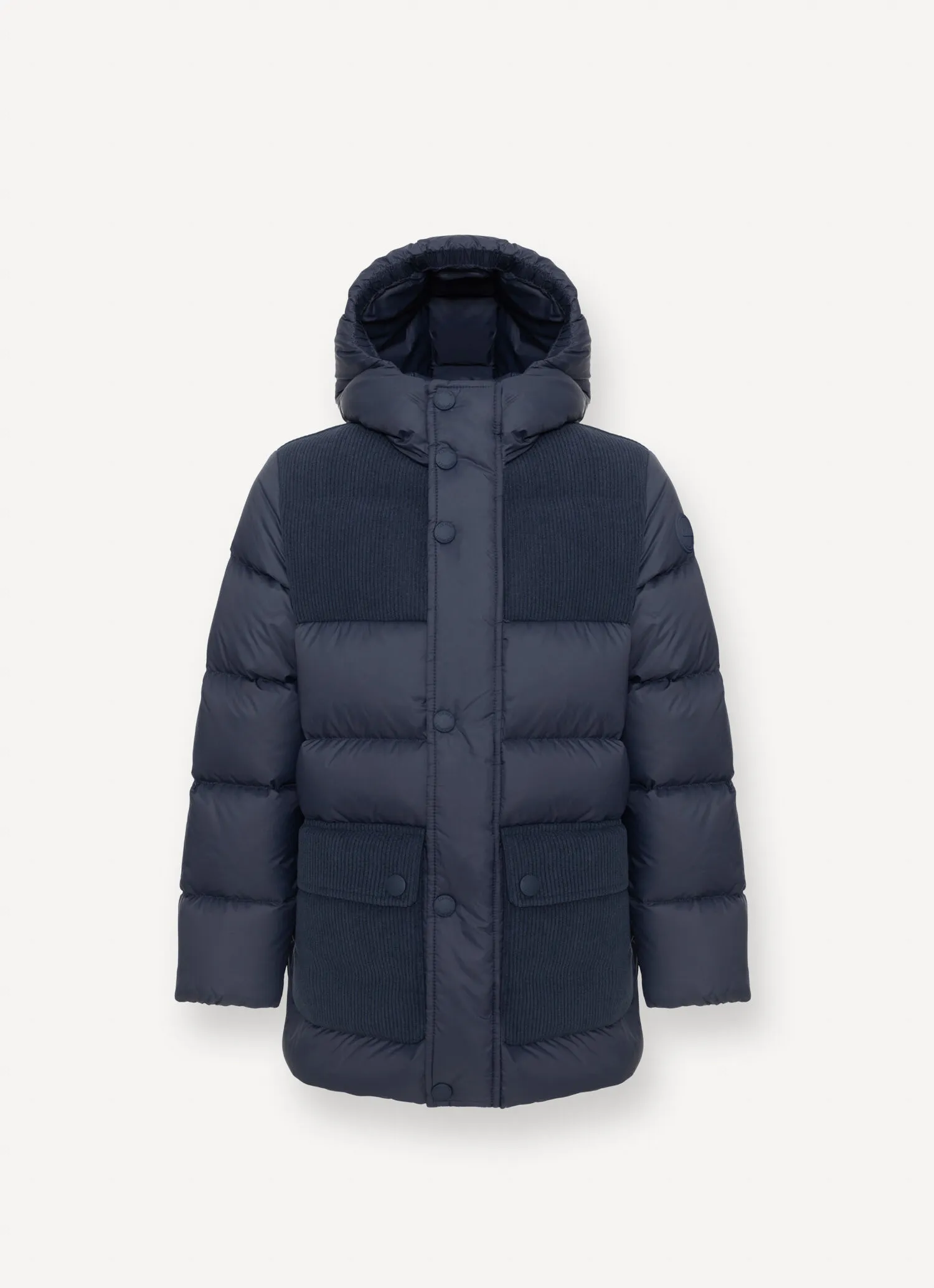 Down-padded parka with corduroy inserts