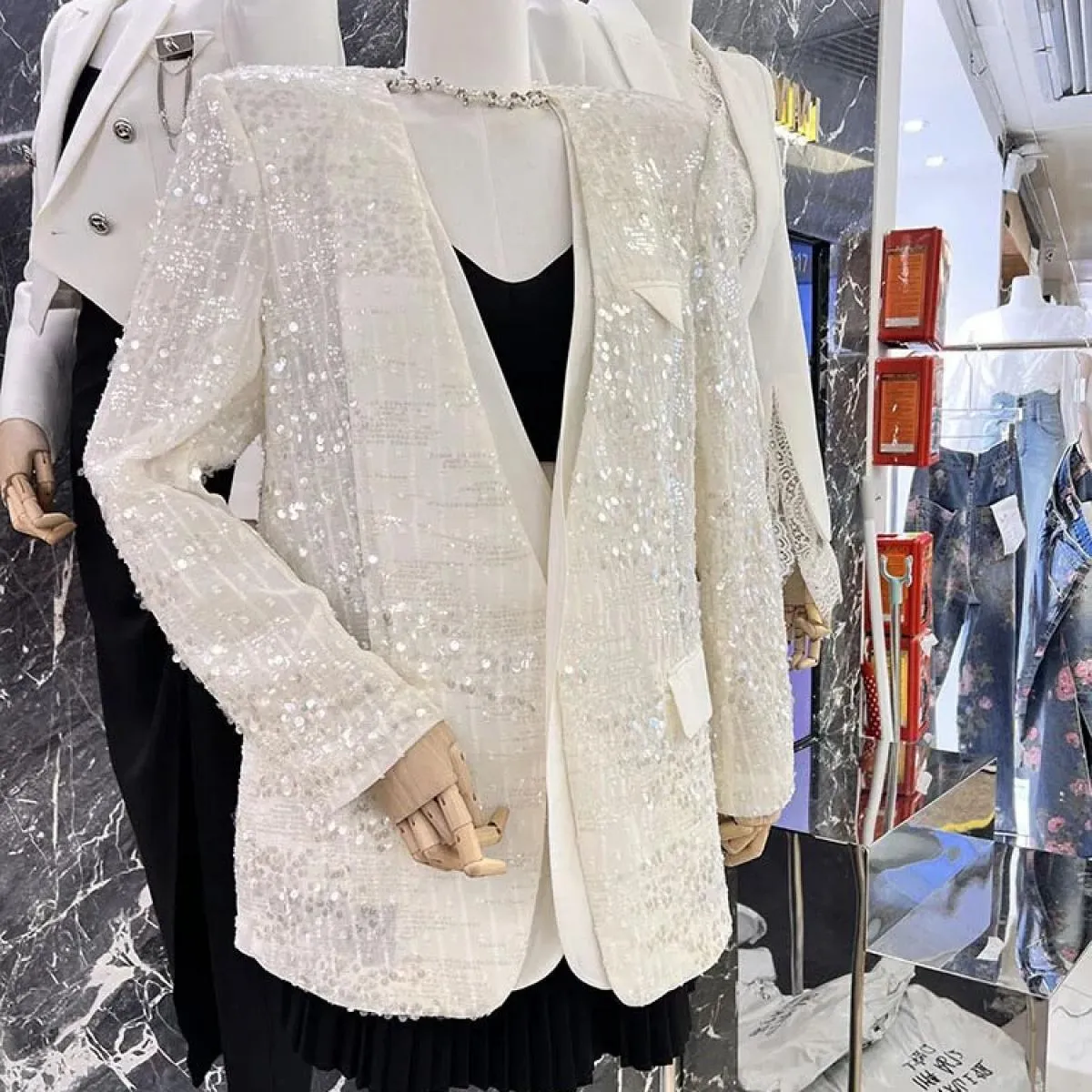 Giacca blazer con paillettes a maniche lunghe con scollo a V da donna della più recente giacca da stilista del 2023 di High Stre