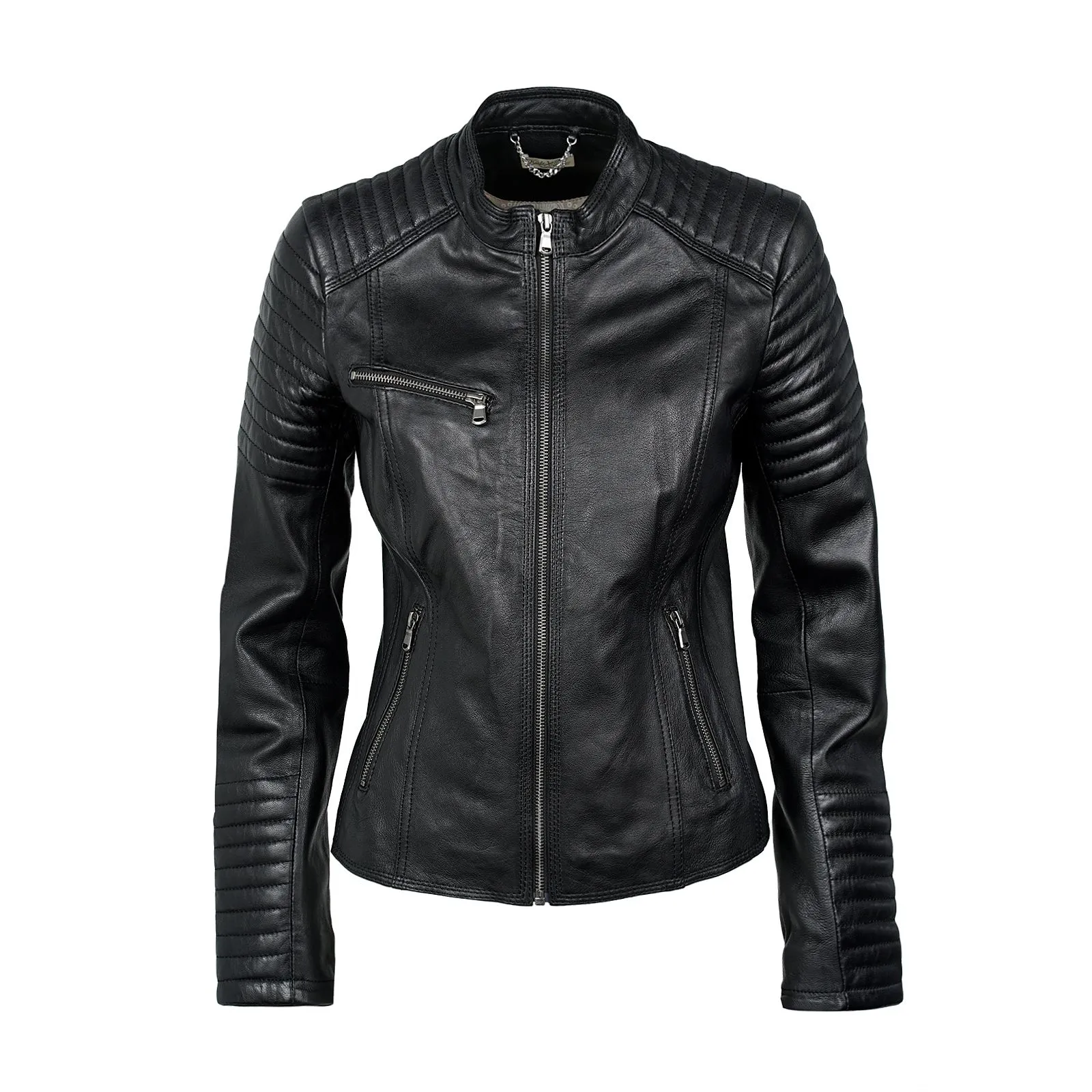 Giacca nera in vera pelle con tasche e zip