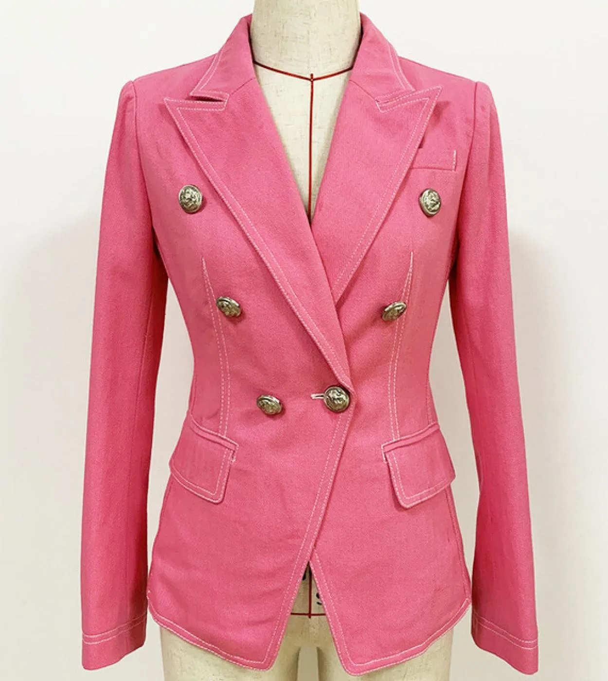 Giacche di jeans rosa Abito blazer Giacca blazer da donna con colletto dentellato sottile argento doppiopetto con bottoni a mani
