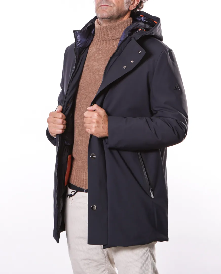 Giubbotto lungo con cappuccio in nylon stretch blu navy | Heskimo