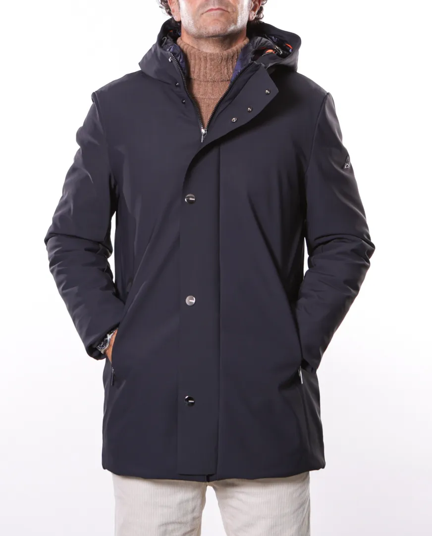 Giubbotto lungo con cappuccio in nylon stretch blu navy | Heskimo