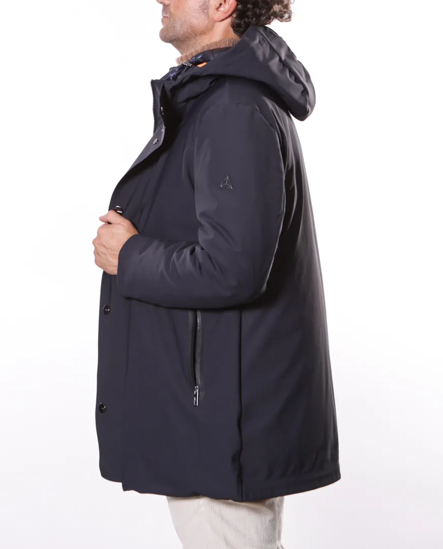 Giubbotto lungo con cappuccio in nylon stretch blu navy | Heskimo