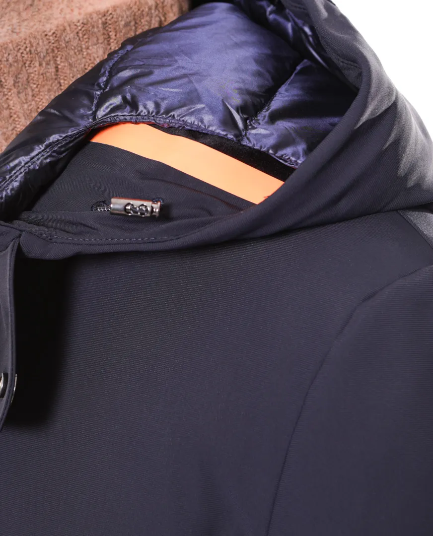 Giubbotto lungo con cappuccio in nylon stretch blu navy | Heskimo