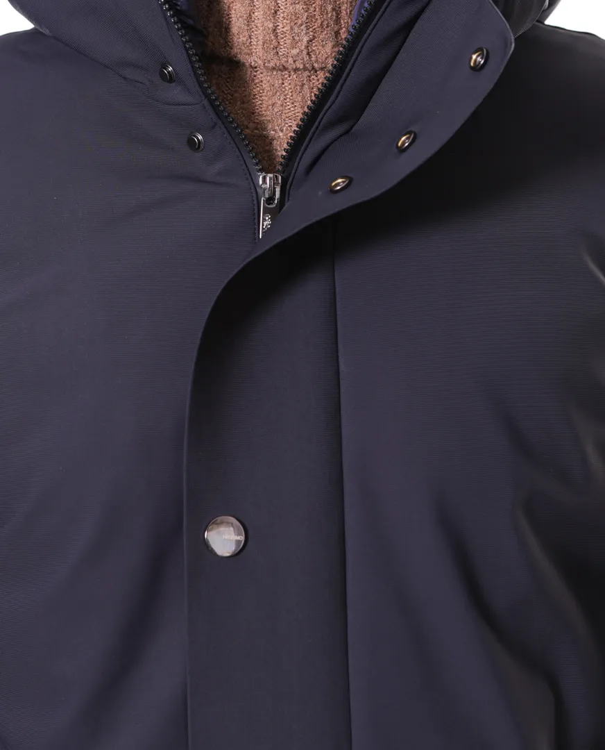 Giubbotto lungo con cappuccio in nylon stretch blu navy | Heskimo