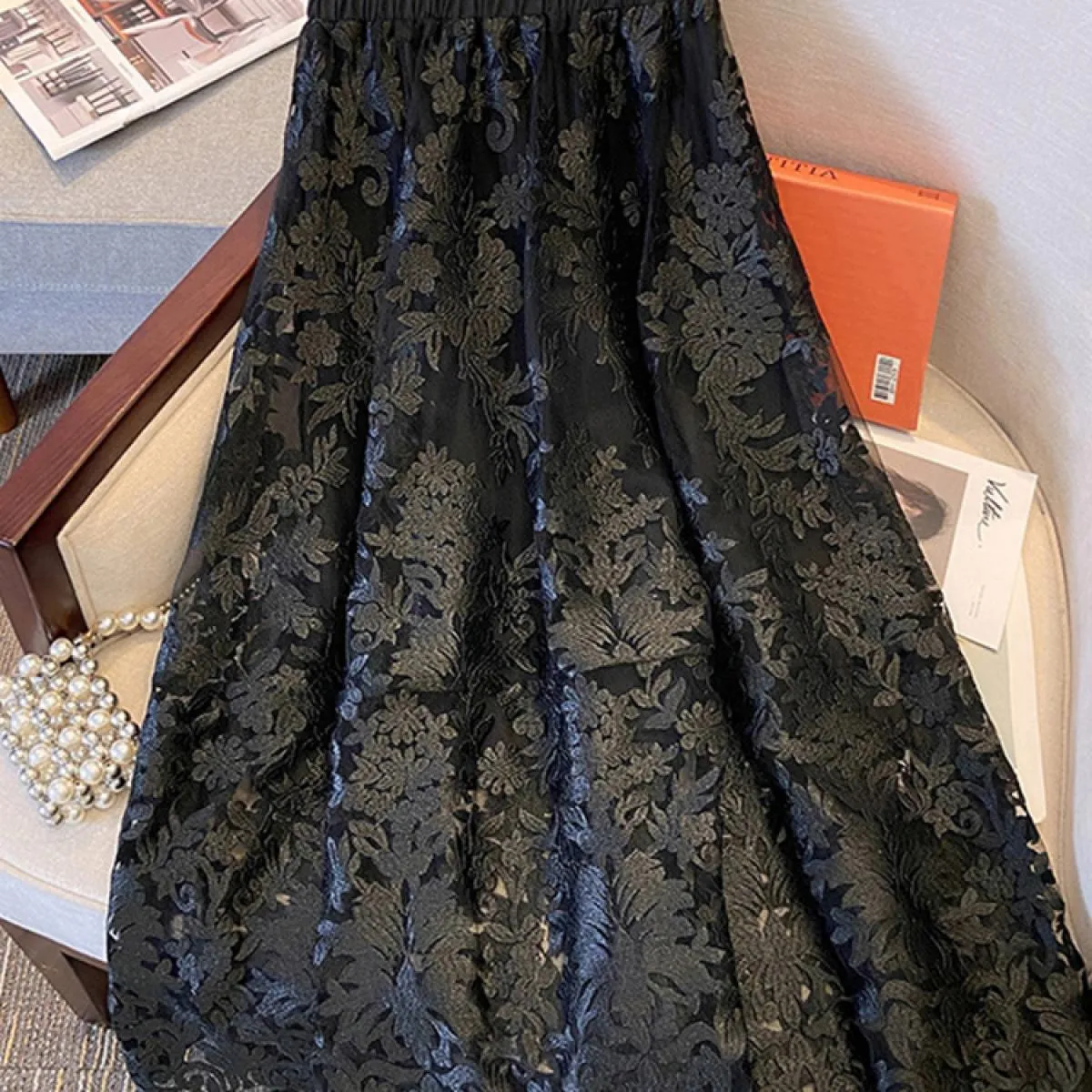 Gonna con ricamo floreale da donna di design di marca di lusso  vita alta orli arricciati pieghe gonne lunghe midi 2023 Autu