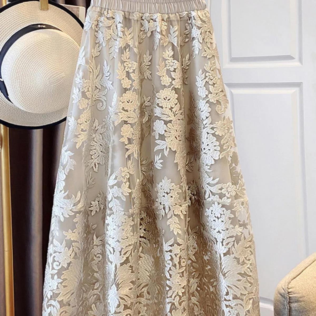 Gonna con ricamo floreale da donna di design di marca di lusso  vita alta orli arricciati pieghe gonne lunghe midi 2023 Autu