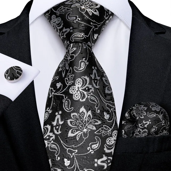 Henk ter Horst cravatta in seta con gemelli e pochette da taschino, fiori e rami Nero