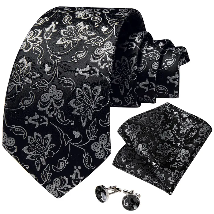 Henk ter Horst cravatta in seta con gemelli e pochette da taschino, fiori e rami Nero