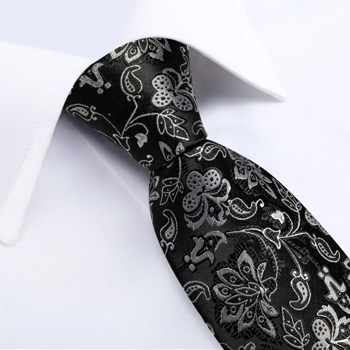 Henk ter Horst cravatta in seta con gemelli e pochette da taschino, fiori e rami Nero
