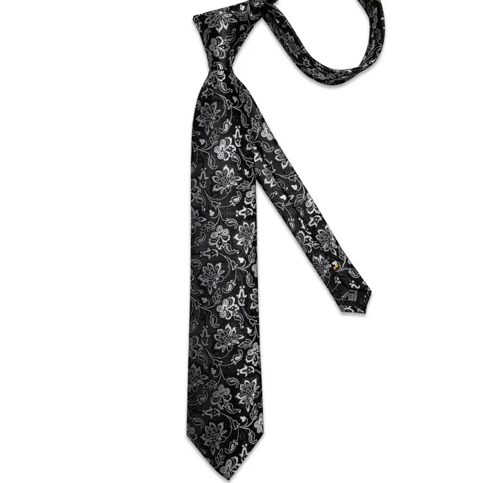 Henk ter Horst cravatta in seta con gemelli e pochette da taschino, fiori e rami Nero