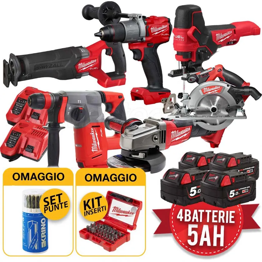 Kit utensili a batteria Milwaukee M18 - 6 utensili Fuel, 4 batterie da 5Ah
