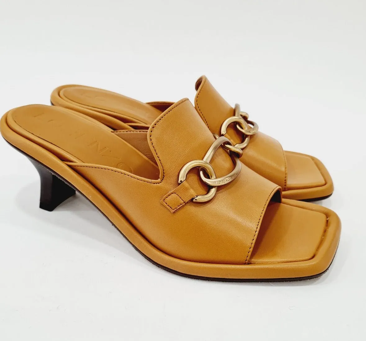Lorenzo Mari sabot tacco alto 7 cm. pelle Cuoio accessorio catena Oro rif.758