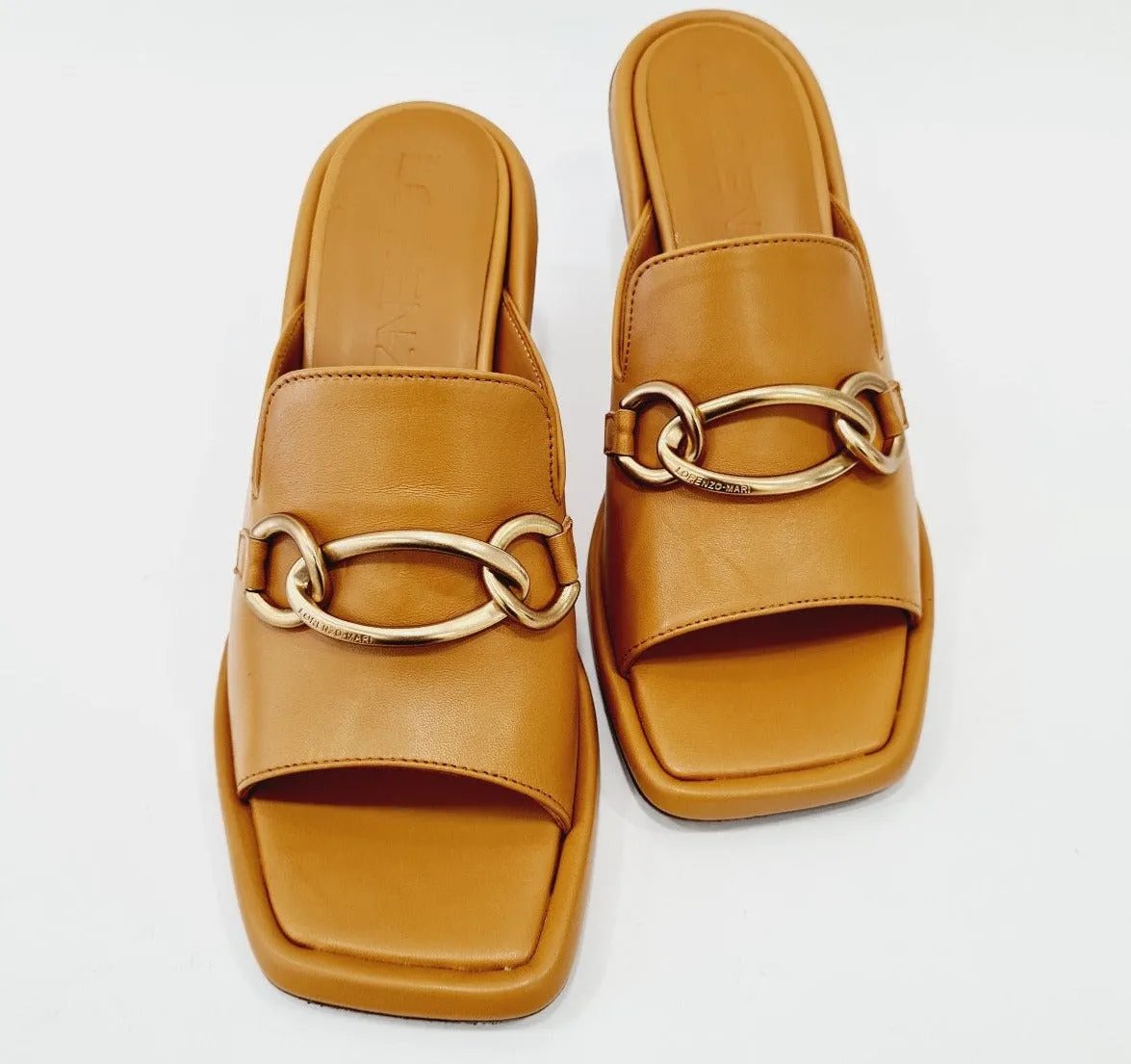 Lorenzo Mari sabot tacco alto 7 cm. pelle Cuoio accessorio catena Oro rif.758