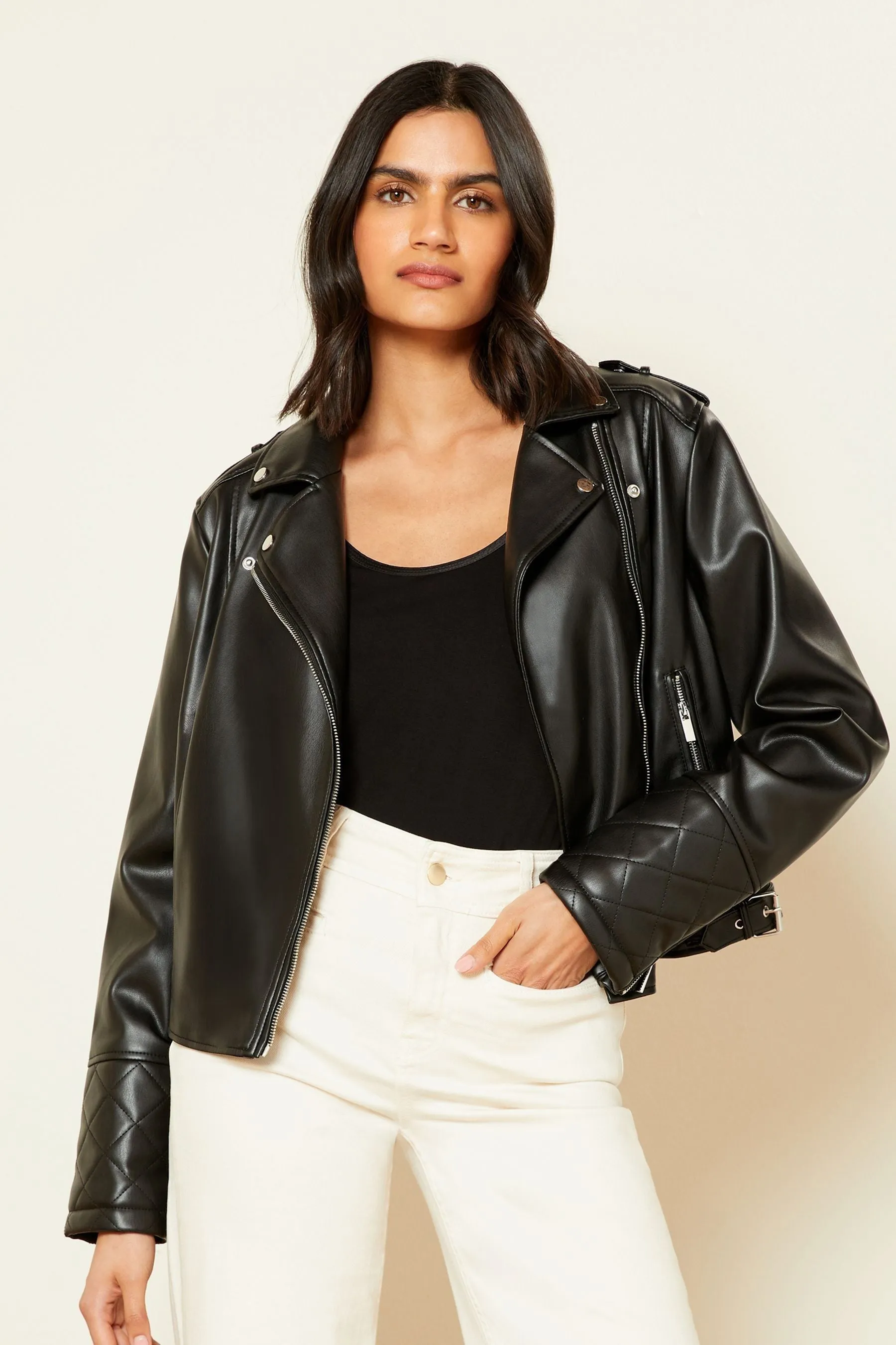 Love & Roses - Giacca stile motociclista in pelle sintetica con fibbia