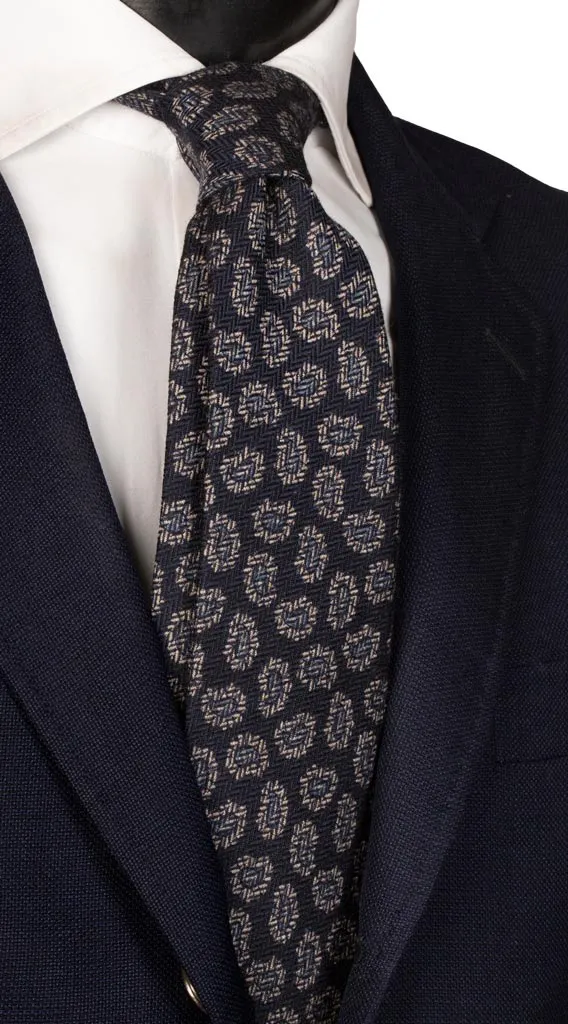 Man Blue Wool Cashmere Tie Beige Light Blue Paisley L834