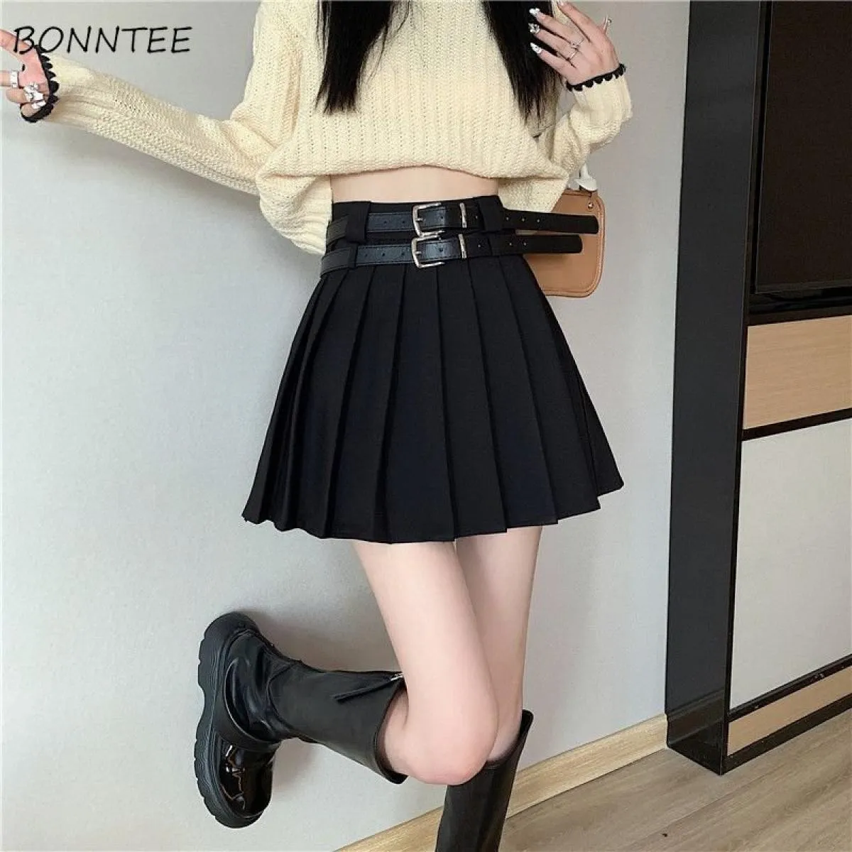 Minigonne a pieghe da donna con cintura a vita alta  Streetwear Ins Studenti Lovely Solid Vintage All Match Primavera Estate