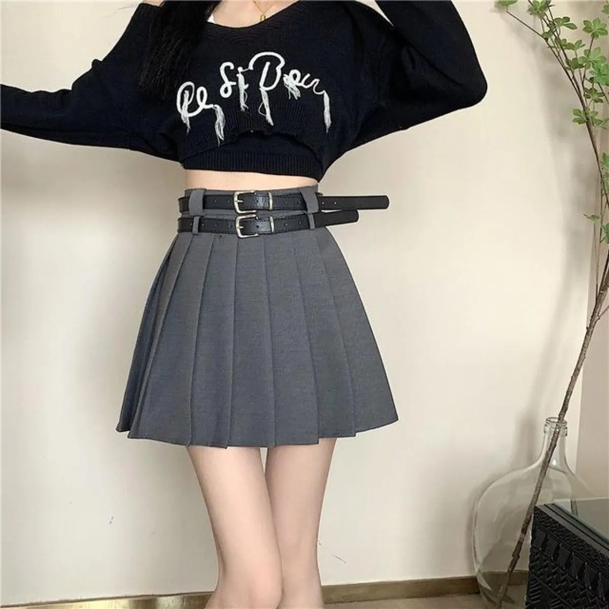Minigonne a pieghe da donna con cintura a vita alta  Streetwear Ins Studenti Lovely Solid Vintage All Match Primavera Estate