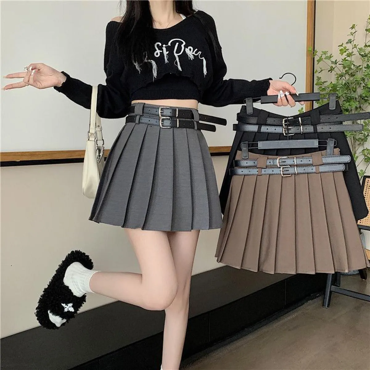 Minigonne a pieghe da donna con cintura a vita alta  Streetwear Ins Studenti Lovely Solid Vintage All Match Primavera Estate