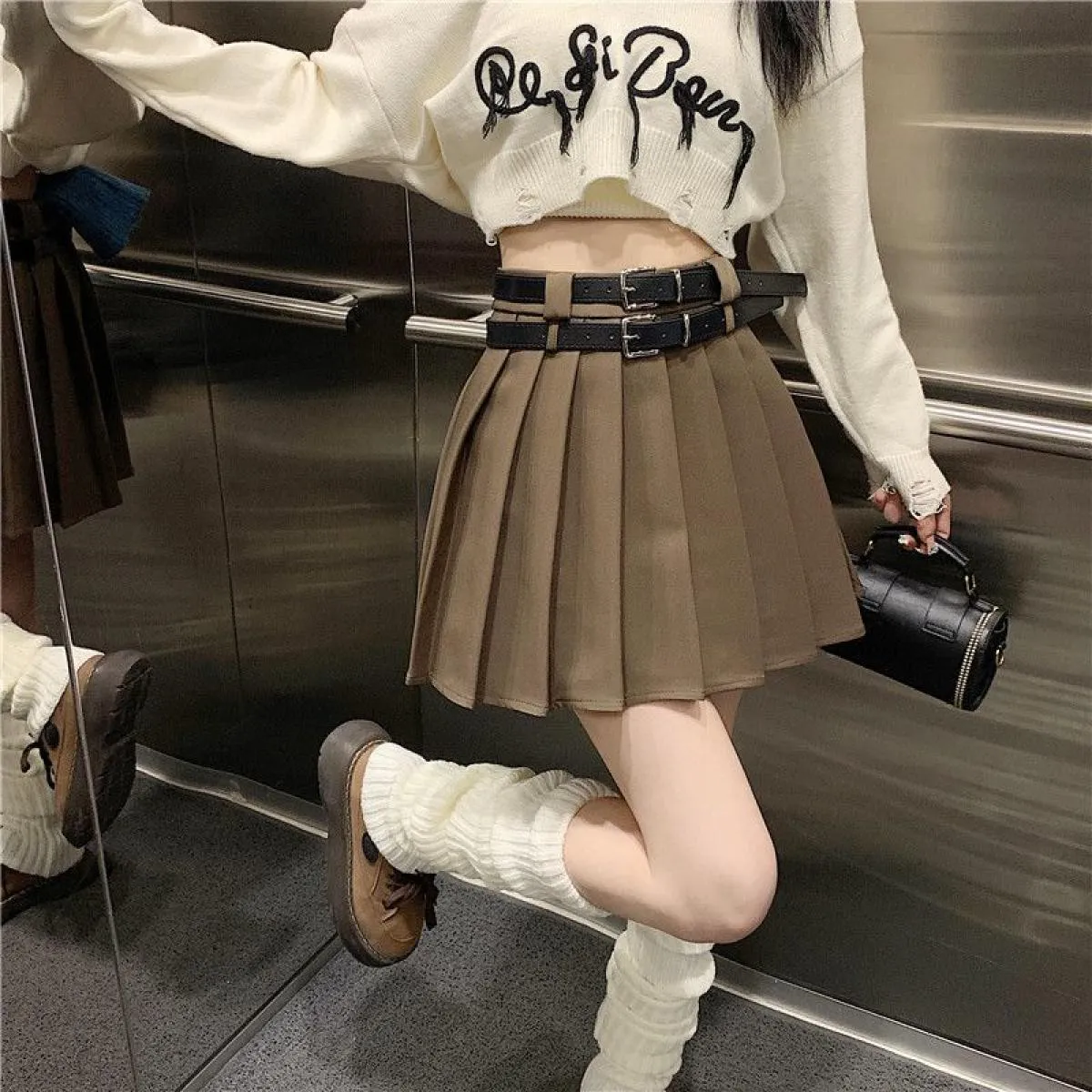 Minigonne a pieghe da donna con cintura a vita alta  Streetwear Ins Studenti Lovely Solid Vintage All Match Primavera Estate
