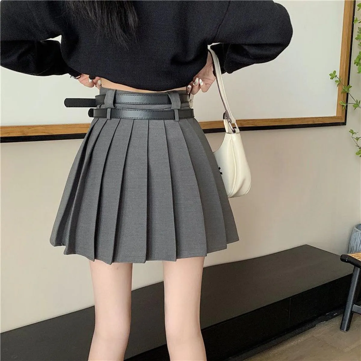 Minigonne a pieghe da donna con cintura a vita alta  Streetwear Ins Studenti Lovely Solid Vintage All Match Primavera Estate