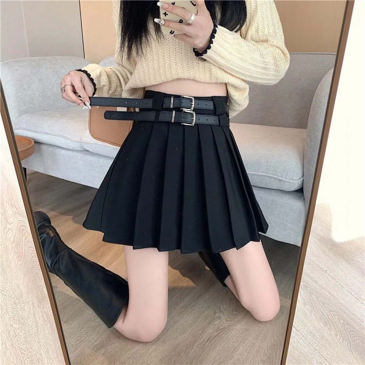 Minigonne a pieghe da donna con cintura a vita alta  Streetwear Ins Studenti Lovely Solid Vintage All Match Primavera Estate