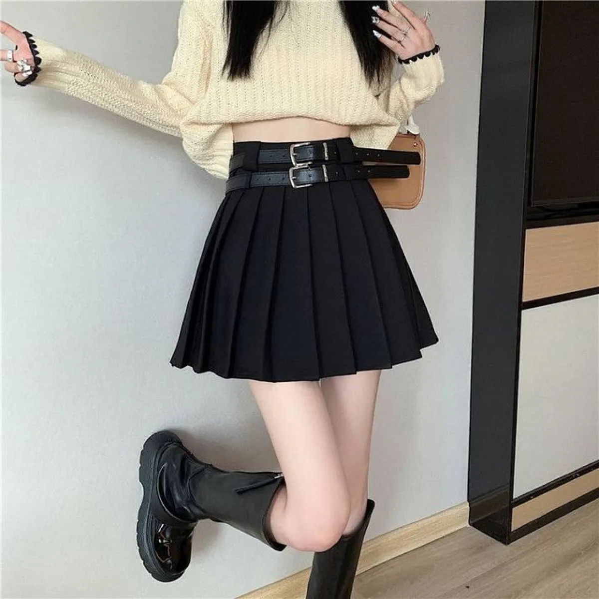 Minigonne a pieghe da donna con cintura a vita alta  Streetwear Ins Studenti Lovely Solid Vintage All Match Primavera Estate