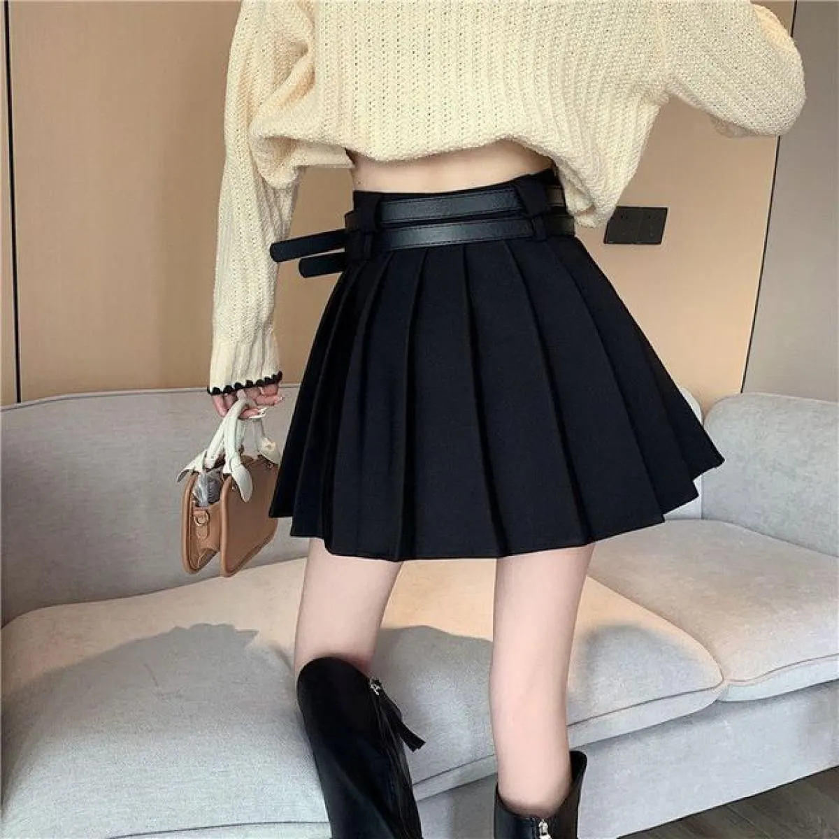 Minigonne a pieghe da donna con cintura a vita alta  Streetwear Ins Studenti Lovely Solid Vintage All Match Primavera Estate