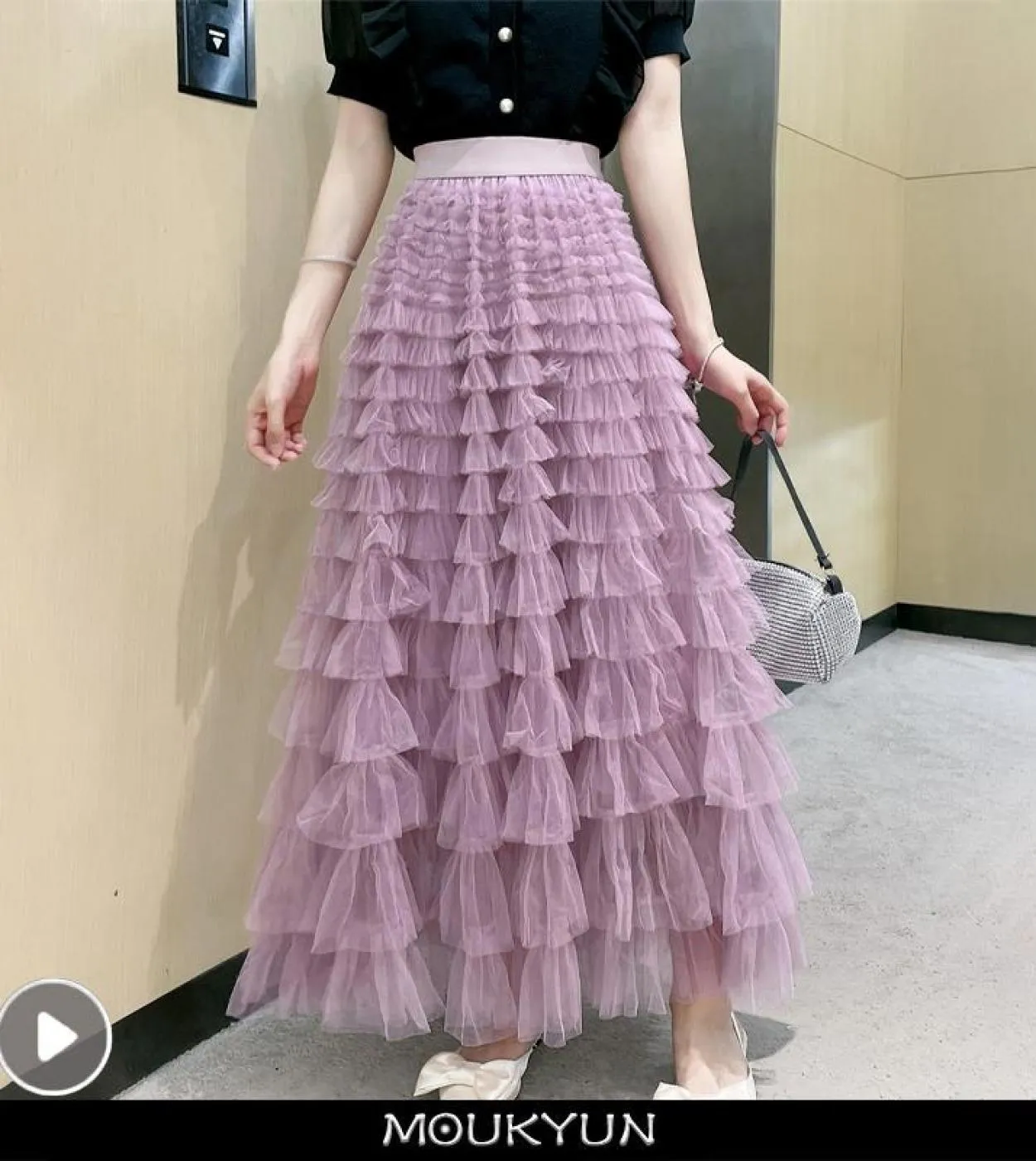 Moukyun Fashion Tutu Gonna in Tulle Donna Primavera Estate Nero Rosa Vita alta Eleganti gonne lunghe a pieghe Faldas femminili