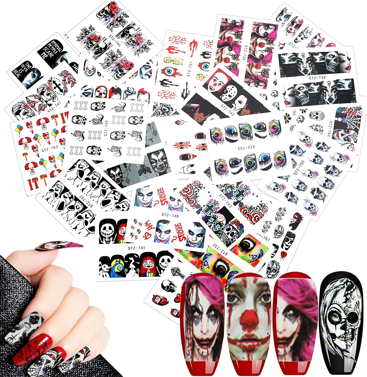 Mwoot 25 fogli Halloween Nail Decals Adesivi Unghie, Misto-colore 3D Design punta autoadesivi Nail Art Stickers adesivi Nail Tip