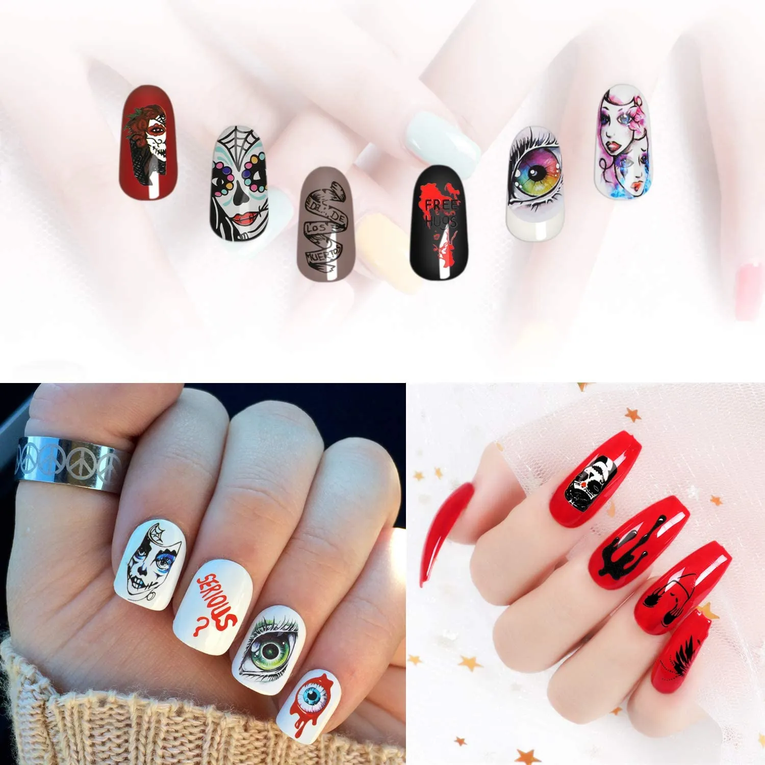 Mwoot 25 fogli Halloween Nail Decals Adesivi Unghie, Misto-colore 3D Design punta autoadesivi Nail Art Stickers adesivi Nail Tip