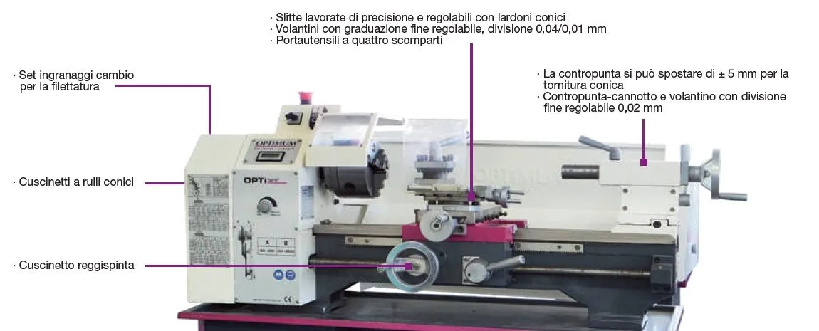 OPTIMUM 050OP0355 Tornio per il fai da te con regolazione continua del numero di giri 400V, potenza motore 1,1 kW, altezza punte