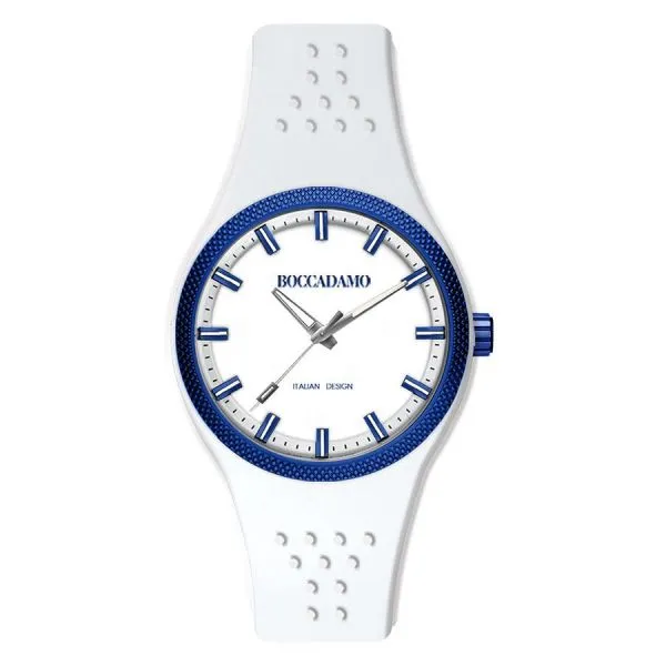 Orologio in silicono bianco con ghiera blu    