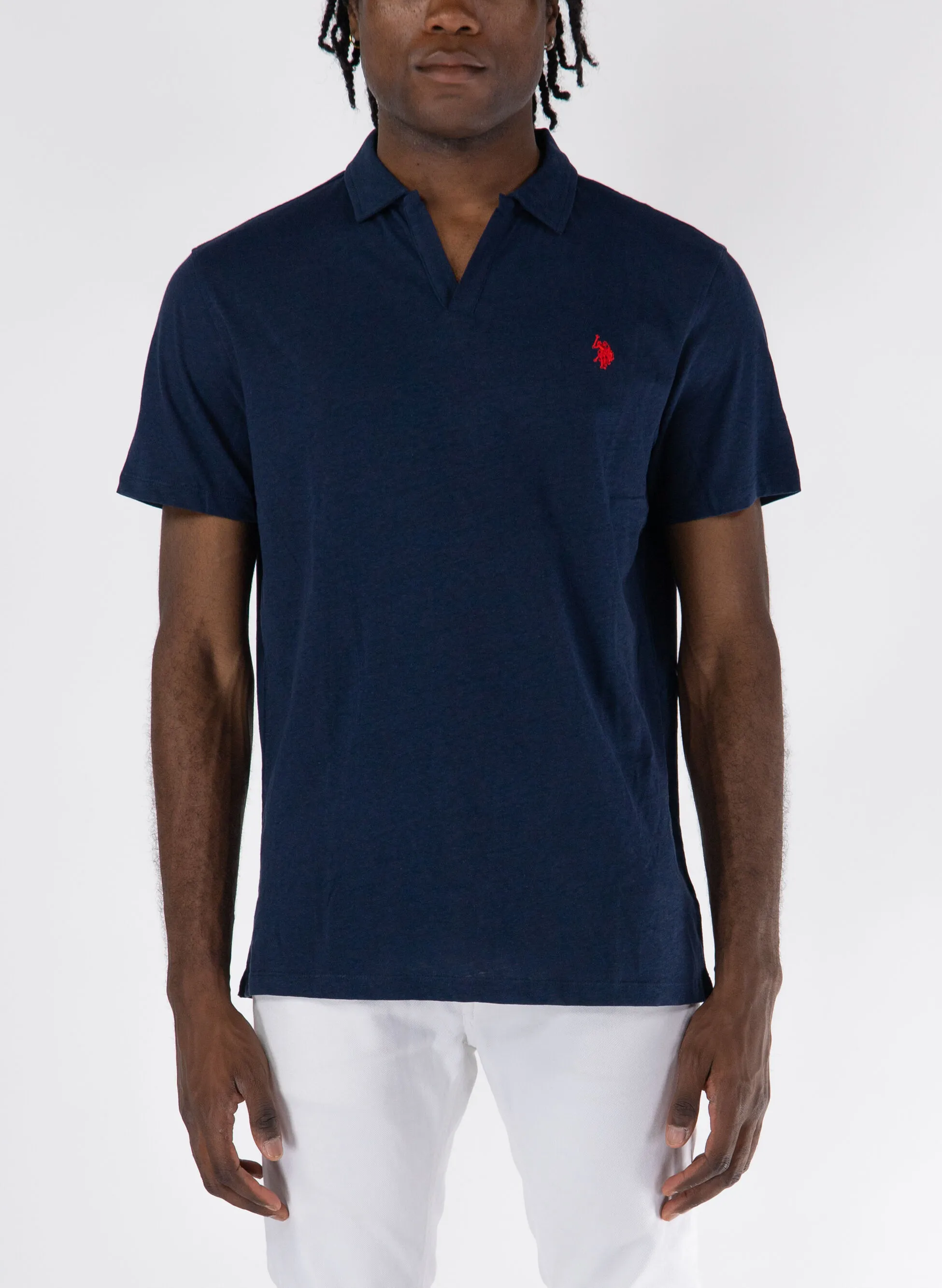 polo in lino con collo a v