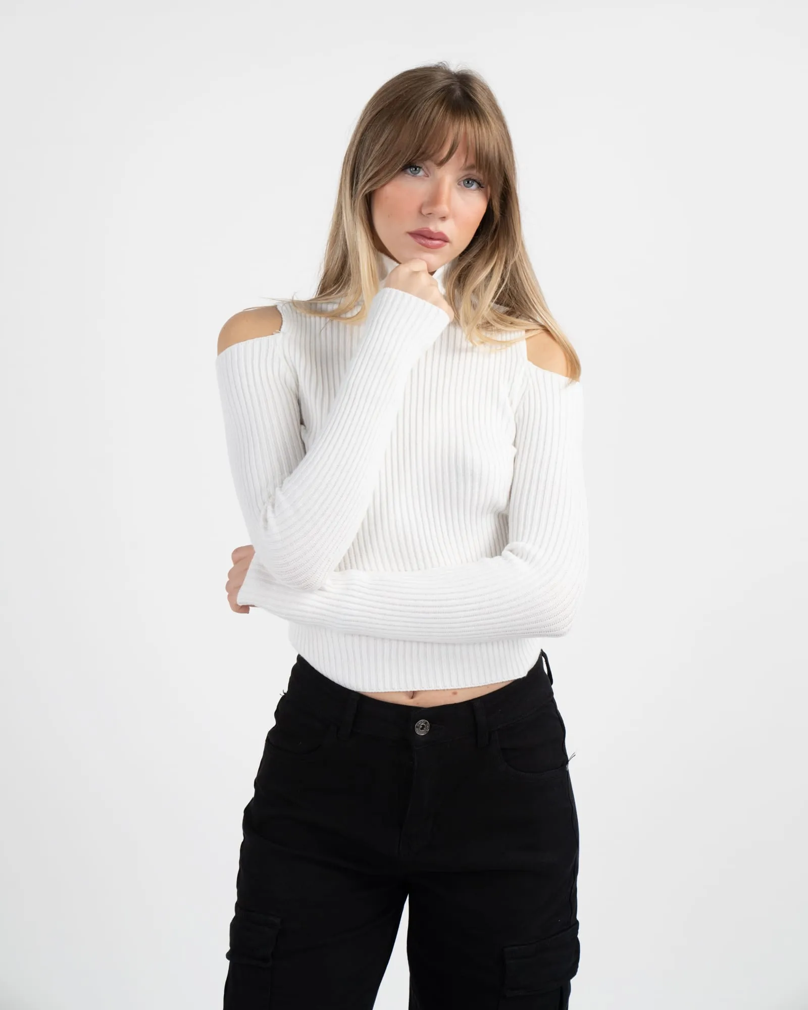 Pullover a costine cut-out - BIANCO