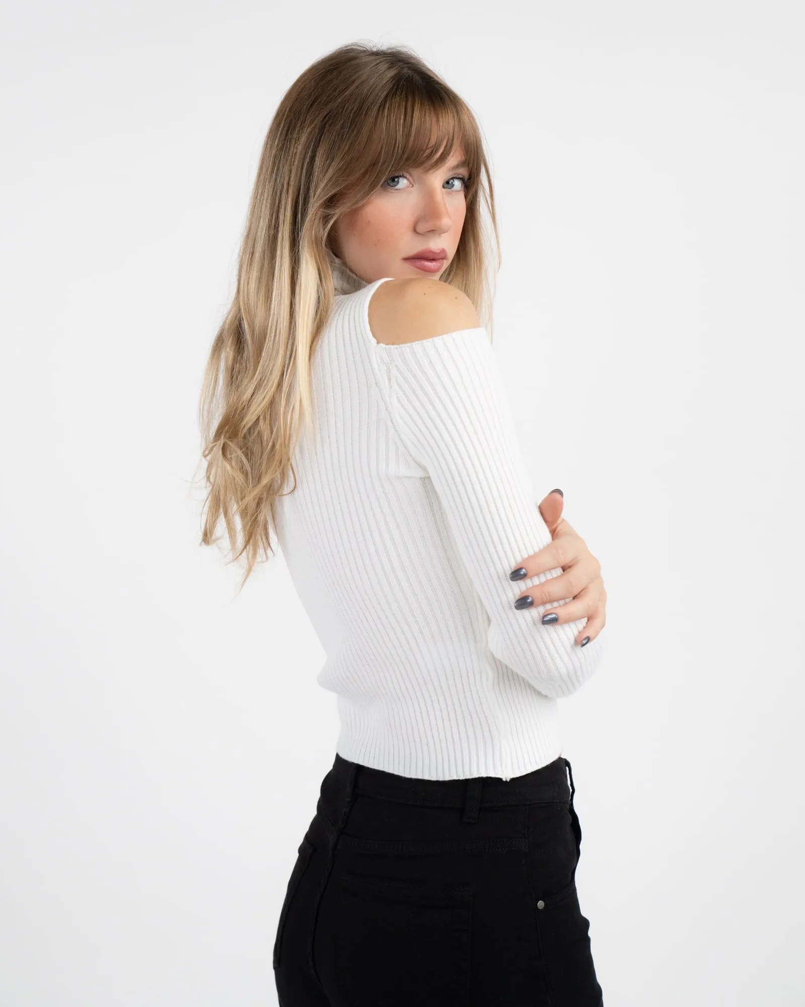 Pullover a costine cut-out - BIANCO