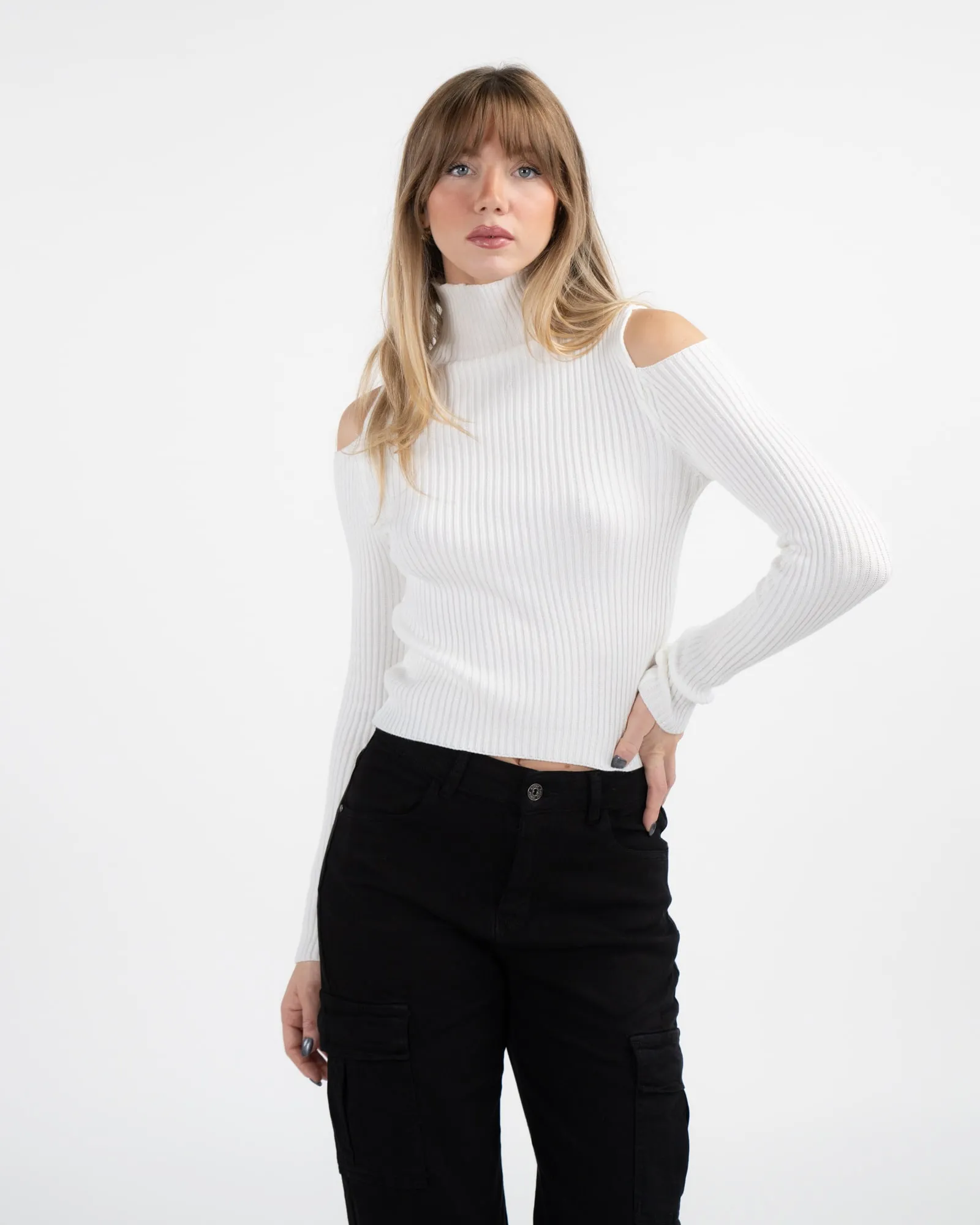 Pullover a costine cut-out - BIANCO