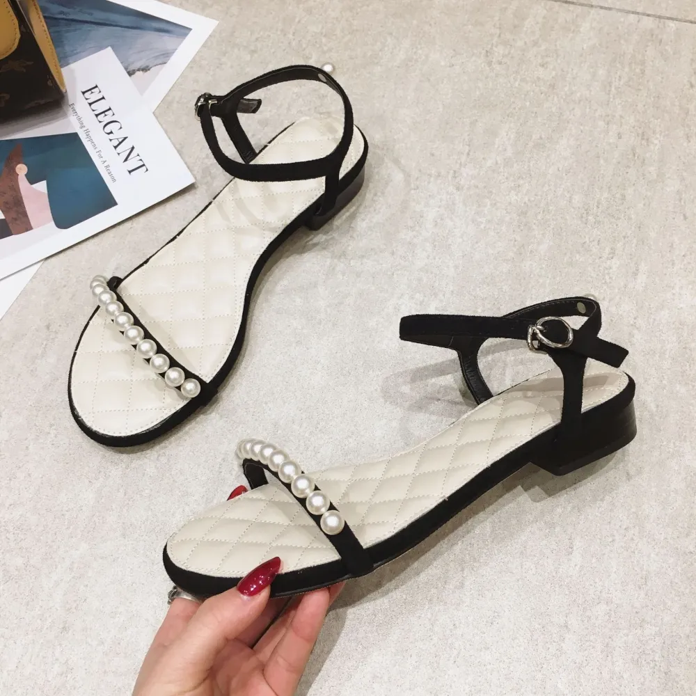 Sandali piatti con perle francesi, nuovi sandali romani versatili con un cinturino estivo in stile fata