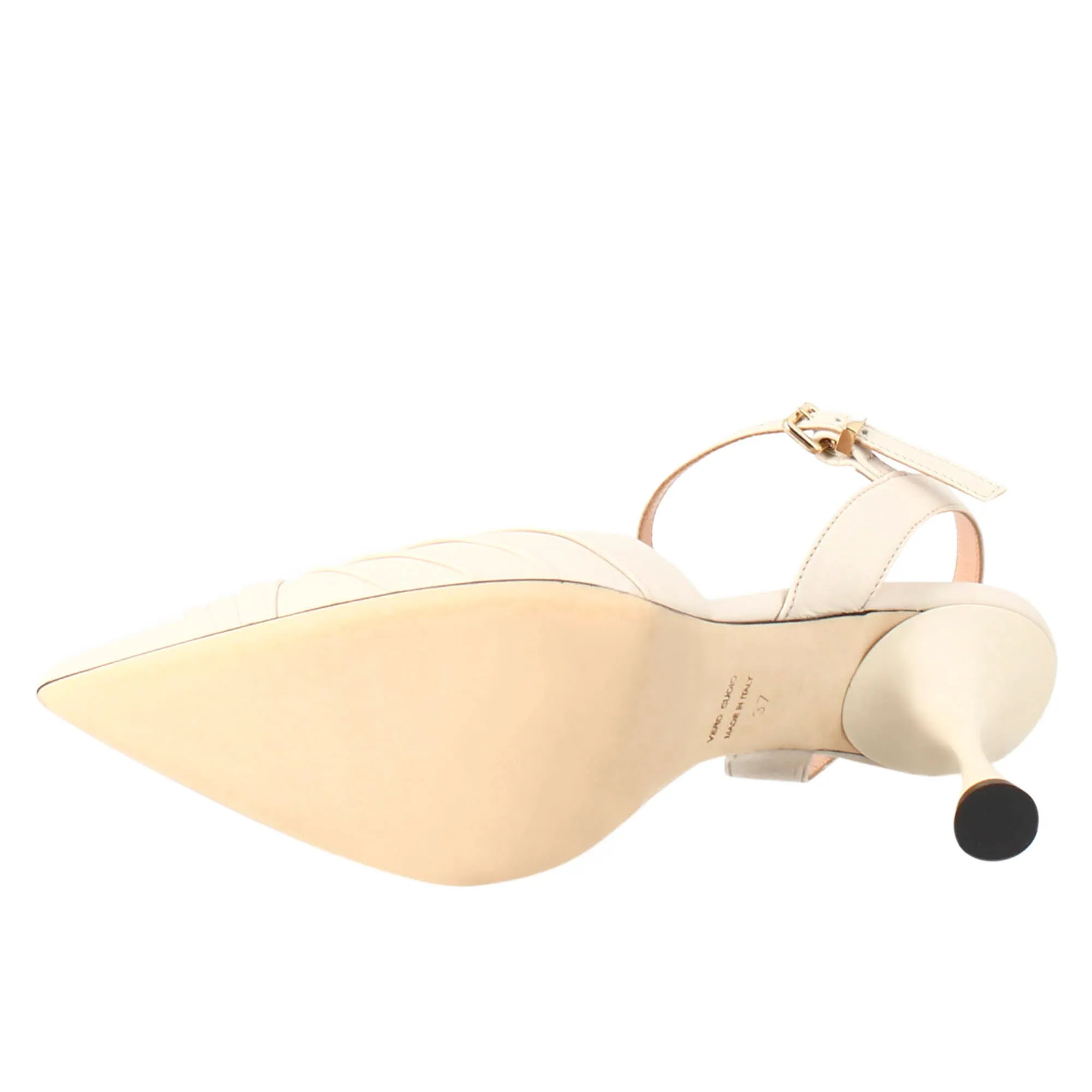 Sandalo chiuso da donna a punta in pelle plissè beige con tacco alto