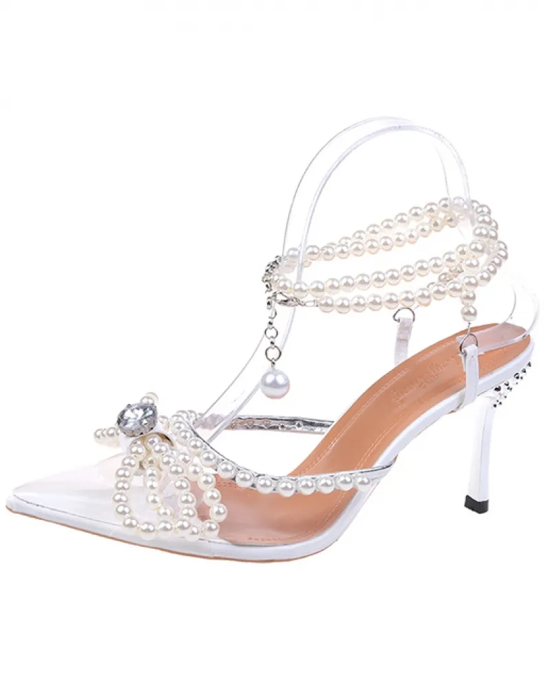 Scarpe a punta da donna Sandali con tacco di cristallo Sandali con tacco alto Scarpe da sposa per feste estive Perle Décolleté c