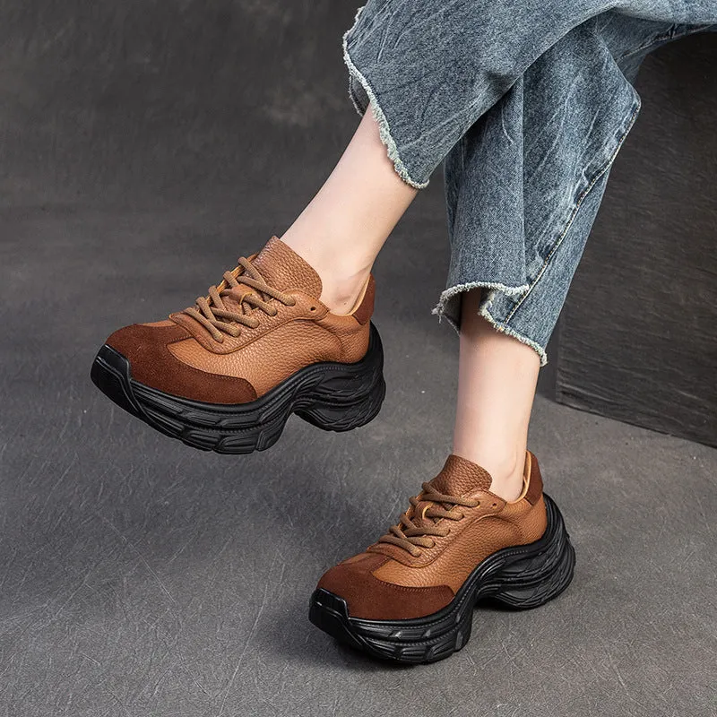 Scarpe da ginnastica casual con plateau in morbida pelle retrò da donna
